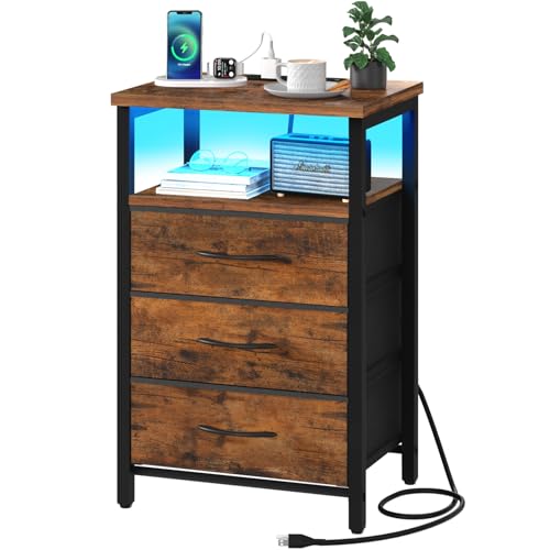 Image of Yoobure Night Stand with Charging Station, 16 Colors LED Nightstand with USB Ports and Outlets, End Table with 3 Fabric Drawers and Storage Shelf, Bedside Tables Small Dresser for Small Space Brown