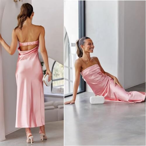Image of Womens Strapless Satin Maxi Dress Backless Tube Dress | Strapless satin maxi dress with elastic back folded bust backless cut smooth drape and slim tube fit for events