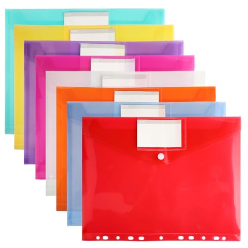 Dokumententasche A4 8 Stück Dokumentenmappe A4 zum Abheften 8 Farben mit Druckknopfverschluss 11-Lochrand wasserdicht mit Etikettentasche für Schule Büro Zuhause