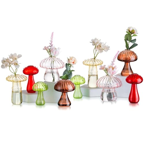 Glasseam Mushroom Propagation Vase, Colored Flower Vases Decorative Set of 10, Unique Small Glass Vases for Flowers,Aesthetic Mini Cute Vase Decor, Hydroponic Bud Vase for Bedroom Bathroom Kitchen