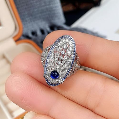 White Gold Plated Blue Round Cubic Zirconia Vintage Hollow Statement Ring Personalized Accessory Ideal for Women's Daily Casual Wear Party Holiday Anniversary Love Jewelry Gift