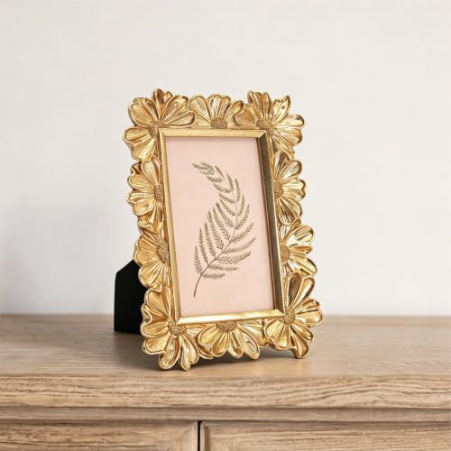 Image of Antique Floral Picture Frame - Resin & Glass Victorian-Style Frame for Tabletop or Wall Decor (Gold, 3 inch x 5 inch)