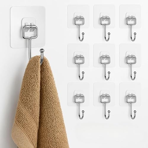 Image of 10 Pack Stainless Steel Wall Hooks Heavy Duty Adhesive Hooks for Wall Strong Hold Hanging Kitchen Accessories Items Picture Frames Clocks Photos Transparent Self Adhesive Wall Hanger No Drill
