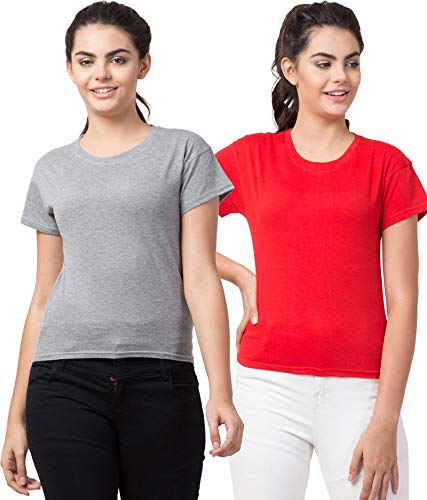 Image of BLUECON Tshirts for Women Combo Pack of 2 Slim Fit Solid Round Neck T-Shirt (Light Grey, Red)