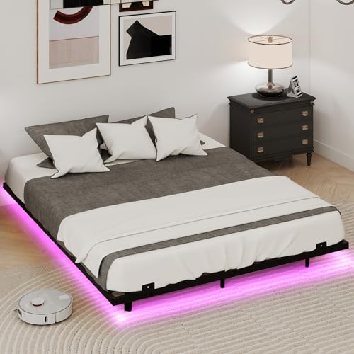 GOPLUS Lit Flottant LED 140x200/160x200CM, Lit Plateforme avec Sommiers, Lumières LED, Lattes Métalliques Robustes pour Chambre, Style Moderne, Charge 400 KG...