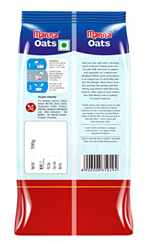 Image of Manna Instant Oats | White Oats High in Fibre and Protein | Helps Maintain Cholesterol. Diabetic Friendly | 100% Natural | 1.5kg (500g x 3 Packs)