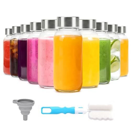 Image of Luxfuel 8 oz Glass Juice Bottles 10 Pack with Lid, Leak Proof Glass Bottle | Reusable Clear Glass Bottle with Stainless Steel Lids for Juice Shots, Smoothies, Wellness Drinks, Fridge & Dishwasher Safe