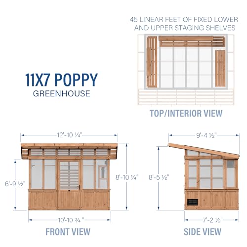 Image of Backyard Discovery Poppy 11' x 7' Cedar Wood and Polycarbonate Walk-In Greenhouse Kit with Exhaust Fan, Windows, Hose Hook-Ups, PowerPort, Staging Shelves, Plant Hooks for Year-Round Outdoor Gardening