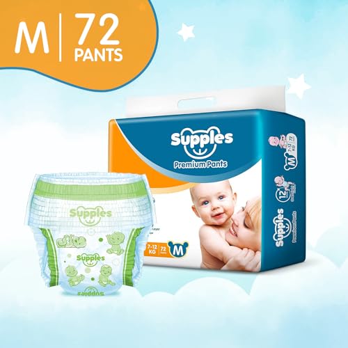 Image of Amazon Brand - Supples Premium Baby Diaper Pants | 72 Baby Diapers | Medium | 7-12 Kg | 12 Hrs Absorption | Cushiony Cotton Soft Fabric | Phthalates-Free | Triple Leak Guard (Pack of 2)
