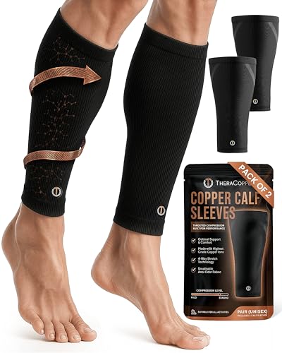 TheraCopper Copper Calf Compression Sleeve &mdash; Premium Copper Compression Shin Sleeve for Men...