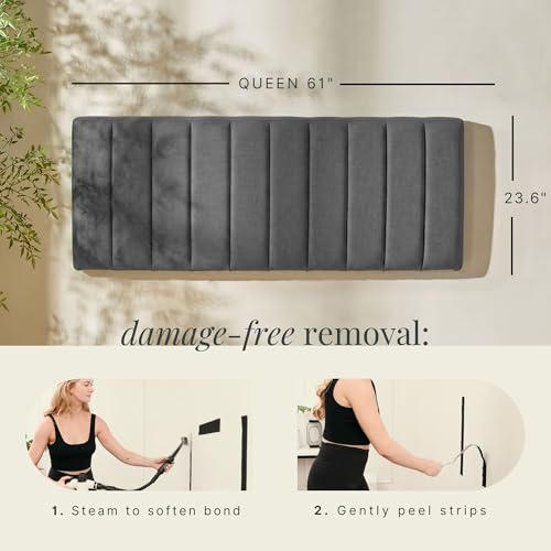 Image of Hearth & Harbor Wall Mounted Queen Headboard Only, Bed Headboard Queen Size | Easy Assemble, Floating Peel and Stick, Upholstered, Channel Stitched, 3D Wall Panels, 5 Strips of 3M Tape Included, Grey