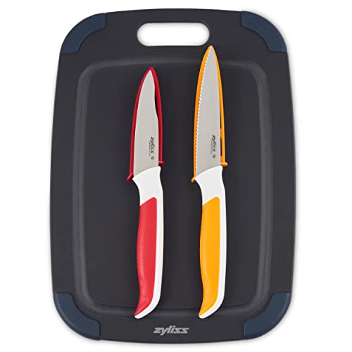 Zyliss E910067 Cutting Board Knife Set, Board Made from Recycled Wood Fibre 30cm x 21.5cm, Includes Paring Knife and Serrated Paring Knife for Chopping Vegetables/Fruit, Dishwasher Safe
