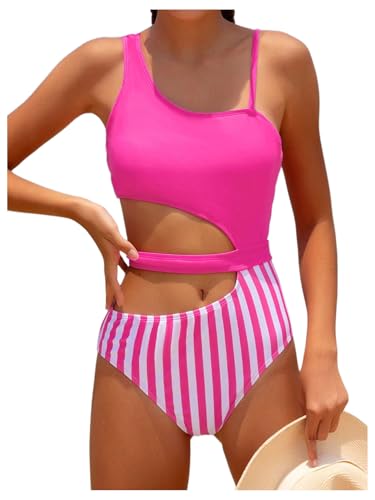 OYOANGLE Girl's Cut Out One Piece Swimsuit Striped Print Asymmetrical Neck Bathing Suits Swimwear