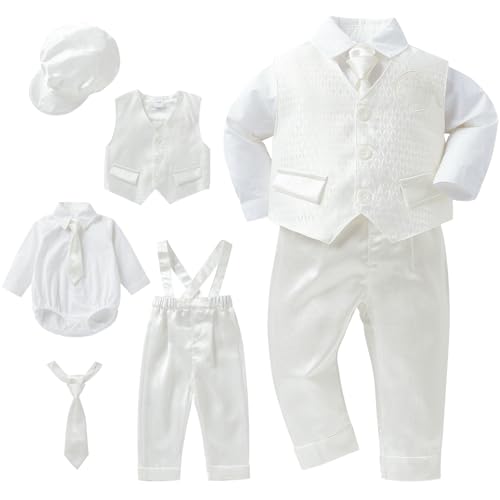 Image of Booulfi Baptism Christening Outfits for Baby Boy Outfits,NB- 5t Boy Clothes | 4 Piece Button Down White Shirt Bow Tie Photography Suspenders Baptism Outfits for Boys,Newborn 5t Boys Clothes Summer