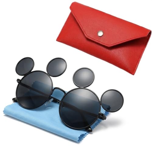 XJHAOER Mouse Ears Sunglasses for Women Men Retro Black Round Cartoon Sun Glasses UV Protection Glasses for Cosplay Party Eyewear (Black)