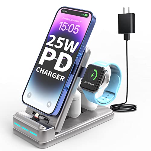 MSTJRY 25W PD Fast Charging Station for Multiple Apple Devices - 4 in 1 Foldable Charger Stand for iPhone 14/13/12/11/X/8, Apple Watch 9/8/7/6/SE/Ultra, Dual Charging Connector for Air Pods & Earbuds