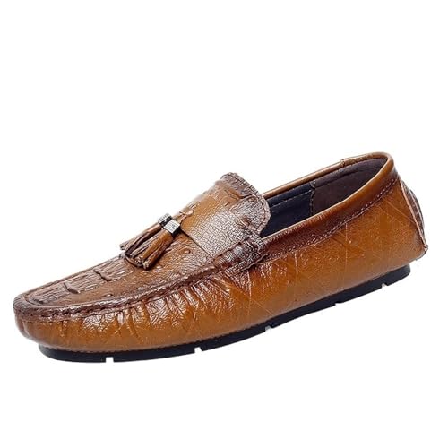 Mens Crocodile Print Tassel Loafers Slip On Round Toe Driving Shoes Flexible Lightweight Walking Casual Comfortable