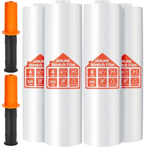 JARLINK Stretch Film, 80 Gauge,15 Inch x 820 Feet Shrink Wrap for Pallet Wrap, Industrial Strength Stretch Wrap up to 800% Stretch with Handles, Moving Wrapping Plastic Roll, 4 Pack