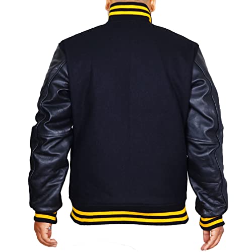 Club Corp Mens Premium College Baseball Varsity Jacket High School Letterman Bomber | Wool Body With Cow Hide Leather Sleeves (M, Black/Yellow) #TOP1