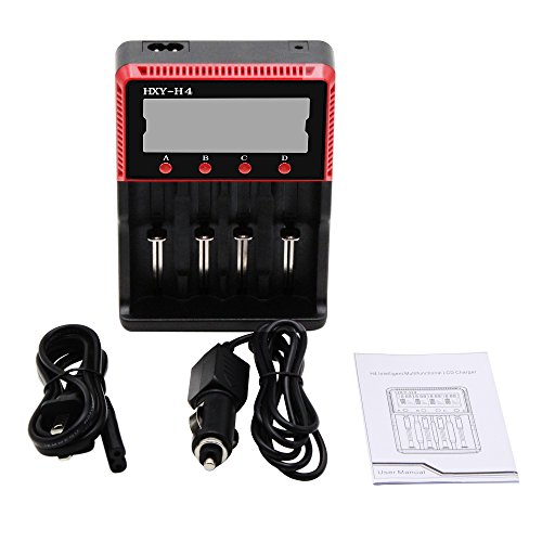 SVPRO LCD Display Battery Charger for AA AAA C Ni-MH Ni-CD Rechargeable Batteries 18650 26650 10440 14500 Li-ion LiFePO4 with Adapter Charger and Car charger (4 Slot)