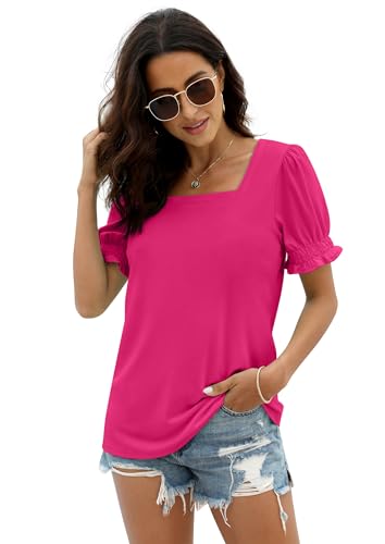 Image of WIHOLL Tops for Women Summer Casual Ruffle Trim Sleeve Square Neck T Shirts