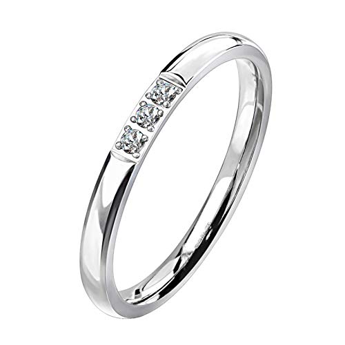 Fantasy Forge Jewelry Minimalist Three Stone Anniversary Ring Womens Stainless Steel Cubic Zirconia Promise Band Sizes 5-9 2mm