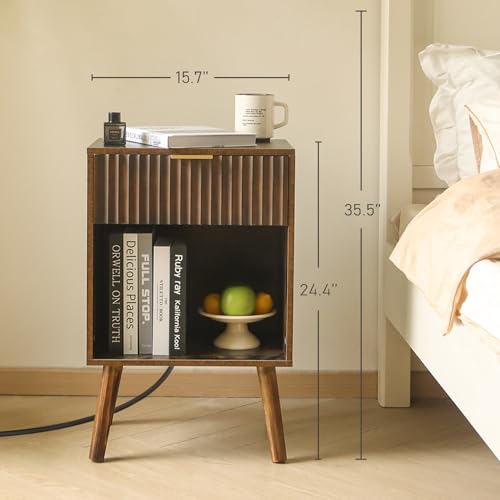 Image of Fultyle Mid Century Modern Nightstand with Charging Station, Modern Bedside Table with Fluted Drawer and Storage Shelf, End Side Tables Living Room for Bedroom, Office (Rustic Brown)