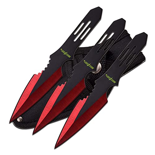 Perfect Point Throwing Knife Set – Set of 3 Throwers, Black Stainless Steel Blades and Handles w/Red Electroplated Grinding Lines, Nylon Sheath, Well Balanced, Throwing Sport Knives – PP-595-3RD