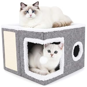 Cat Beds for Indoor Cats,Cat Cave,Cat Scratch House,Foldable Cat Cave Bed for Large and Small Pets,Fluffy Ball and Scratch Pad,16.14×16.14×12.2in,Grey