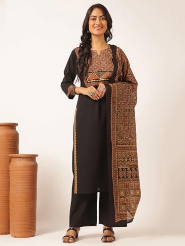 Image of Vbuyz Women Ajrakh With Yoke design Cotton Straight Kurta Set With Dupatta