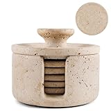 Earthen Crafts Travertine Marble Coasters with Holder Lid for Drinks 3.5 Inch Stone Drink Coaster Set of 6, Ideal for Patio, Living Room & Kitchen Decor