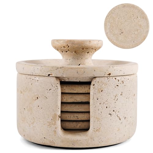 Earthen Crafts Set di 6 sottobicchieri in marmo travertino con coperchio per bevande, 8,9 cm, ideali per patio, soggiorno e cucina