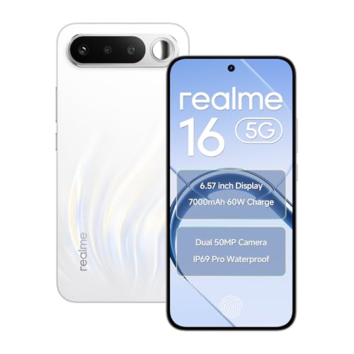 Image of realme 16 5G Smartphone 8GB RAM 256 ROM 6.57 inch AMOLED 120Hz Display, 7000mAh Titan Battery 60W Fast Charge, Dual 50MP AI Camera, MediaTek Dimensity 6400 Turbo Processor, IP69 Air White
