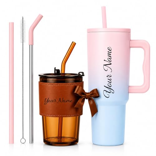 Image of Stainless Steel Tumbler with Lid & Straw, 100% Leakproof Tumblers with Handle, Drink Sipper for Office,Gym & Outdoors 1200ml Tumbler (Candy+Brown)