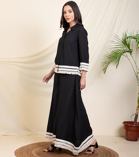 Image of DEEBACO Women's Solid Summer Cool Ankle Length Shirt with Palazzo|Shirt Collar|Cord Set for Women Fashion|Long Jumpsuits Western Dress for Women Stylish|Two Piece Co ord Set|Party Casual Wear(Black)