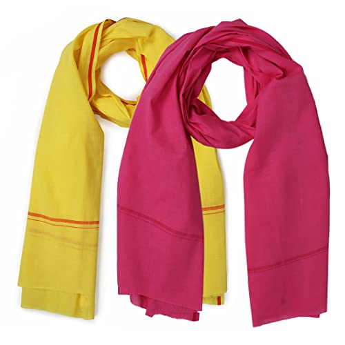 Image of Cotton Skin Friendly Summer Shrink Proof Bath Towel Pure Cotton Gamcha Soft 100% for Men and Boys All Purpose Living Handloom (Pink-Yellow| Pack 02)
