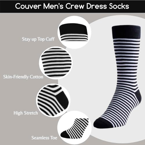 COUVER Men's Cotton Luxury Colorful Striped Casual Crew Dress Socks, Size 8 to 134