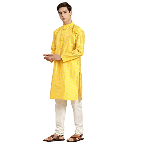 Image of SOJANYA, Men's Silk Blend NavyBlue Kurta with Multi Color Embroidery and Off-White Pyjama