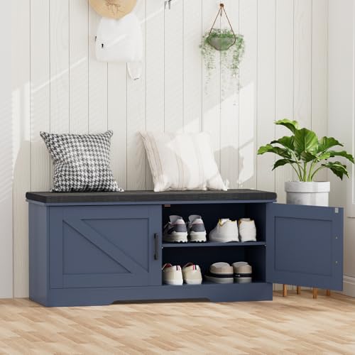 Image of HOMSHO Farmhouse Shoe Storage Bench with 2 Barn Doors & Padded Seat Cushion | 39.4 inch Wide Entryway Bench with Adjustable Shelves & Hidden Storage, Blue