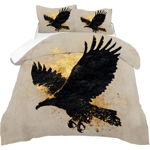 Image of Wildlife Eagle Comforter Set Queen Size Black and Gold Wild Animal Bedding Sets for Kids Teens Boys Men Adults Bedroom Abstract Art Quilt 1 Comforter 2 Pillowcases