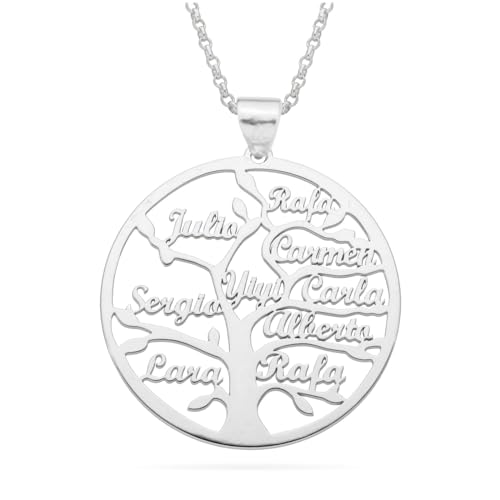 doble aro Collar Árbol de la Vida Personalizado con Nombres en Plata de Ley