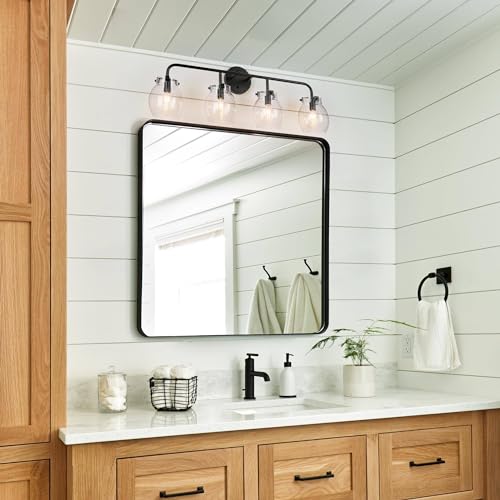 Image of KSANA Black Bathroom Light Fixtures, 4 Light Matte Black Vanity Lights for Bathroom with Seeded Glass Globe, 29 inch Modern Farmhouse Bathroom Lights Over Mirror