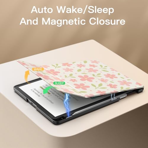 Image of MoKo Stand Case for 11 inch Kindle Scribe (3rd Generation -2025) & Kindle Scribe Colorsoft (1st Generation 2025) - Premium Leather Trifold Stand Cover with Pen Holder, Auto Sleep /Wake, Flower & Leaves