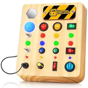 Busy Board Montessori Toys for Toddler, Wooden Sensory Board Switch Toy with Shape Sorter LED Light Up Toys Educational Plane Travel Activity for Girls & Boys