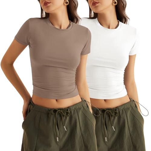 KTILG Fashion Tops for Women Workout Crop Gym Shirt Girl Teen Athletic Ladies Casual Fitted Tight T-Shirts Baby Tees Basic Trendy Fashion 2024 Tops Short Sleeve Summer 2 Pack
