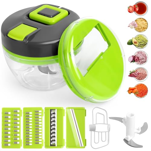 Picadora Manual, 6 en 1 Mandolin, Trituradora de Alimentos con 6 Cuchillas de Acero Inoxidable, Multifuncional Vegetable Chopper, Rallador de Verduras Ideal Utensilios de Cocina para Patata, Cebolla