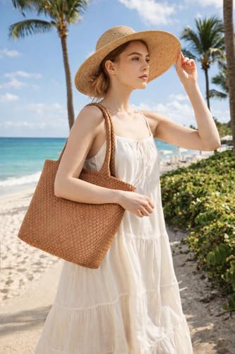 Image of BAGOK Woven Tote Bag for Women, Handwoven Vegan Leather Shoulder Bag with Clutch, Large Tote for Work, Travel & Beach
