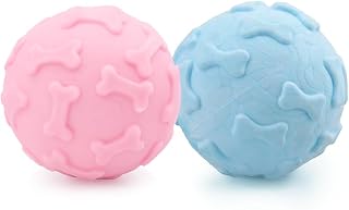 DDCAN Set de 2 Pelotas Resistentes para Perros y Gatos - 60mm - Alto Rebote - Colores Rosa y Azul con Patrón de Huesos - Uso Interior y Exterior