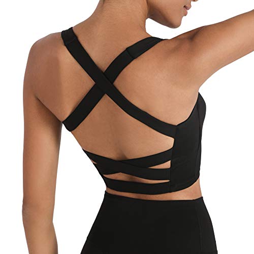 Romansong Strappy Yoga Sports Bras For Women Padded Criss-Cross Back Tank Tops,Women's Sexy Running Workout Bra With Removable Cups Black #TOP6