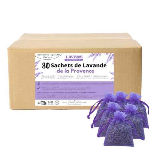 LAVENS | 80 sachets de lavande parfumés | Origine Provence France | 640G | Sachet senteur pour armoire, linge et placard. Sac de lavande séchée...